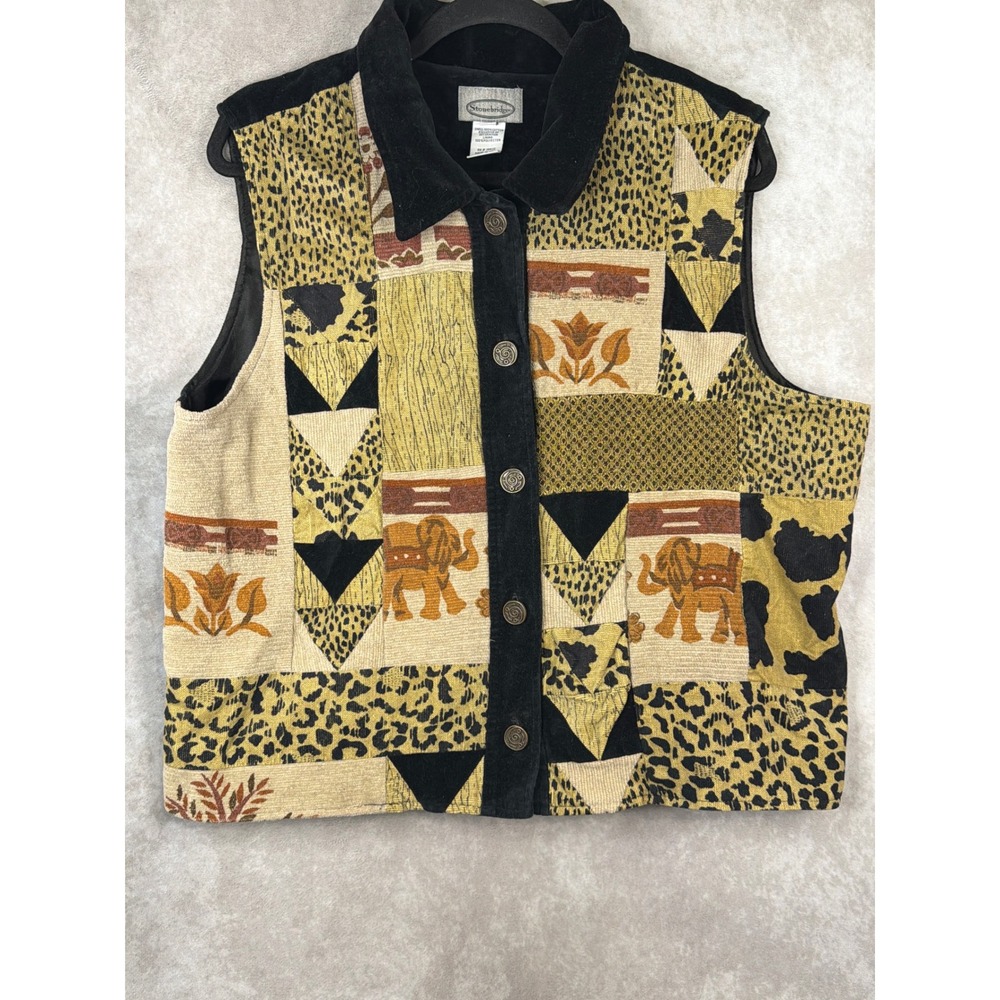 Vintage Stonebridge‎ Patchwork Elephant & Leopard Print Safari Velvet Vest XL